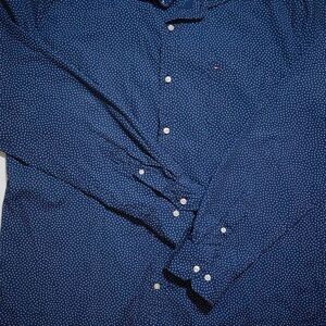 Tommy Hilfiger Custom Fit Navy Star Casual Button Down Shirt with Micro-Pattern